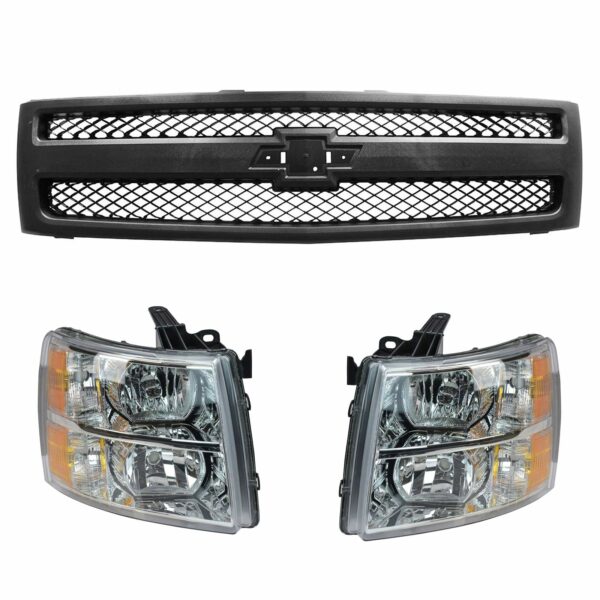 Black Grill & Headlight Lamp Kit LH RH Set of 3 for Chevy Silverado 1500