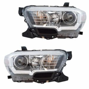 Halogen Headlight Headlamp w Black & Chrome Housing Pair Compatible with Tacoma Pickup Truck