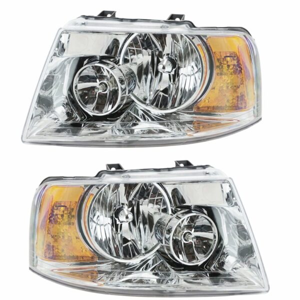 Headlights Headlamps w/ Chrome Bezel Pair Set for 03-06 Ford Expedition