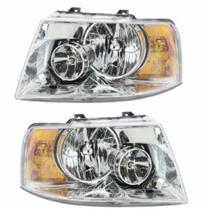 Headlights Headlamps w/ Chrome Bezel Pair Set for 03-06 Ford Expedition
