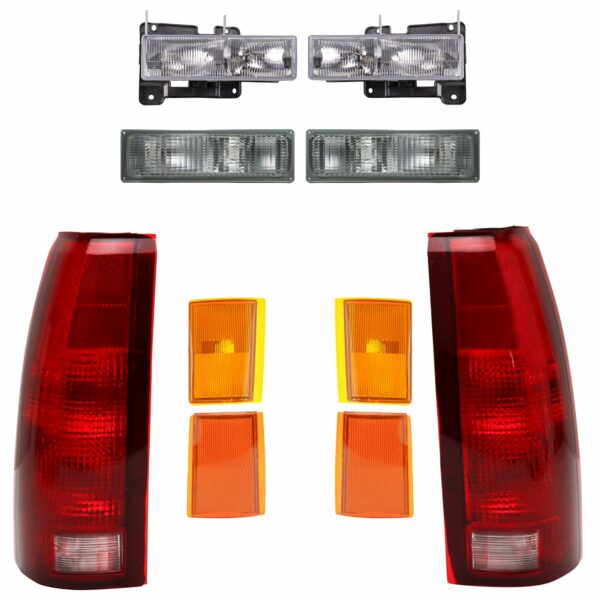 10 Piece Lighting Kit Set / Headlights / Tail Lights / Side Marker Corner Lights / Parking Lights for 1990-1993 Chevy C/K Pickup Truck / 1992-1993 Suburban / 1992-1993 Blazer